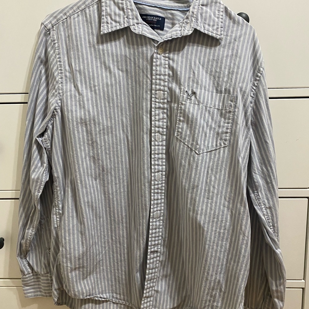 Men’s AE Striped Button Down - Light Blue - Picture 2 of 7